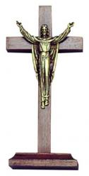  Standing Block 7\" Crucifix in Walnut Wood w/Base - Antique Gold Risen Christ 
