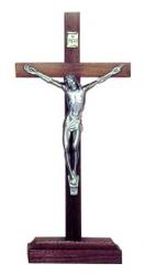  8\" Block Crucifix in Walnut Wood Without Base - Pewter Finish Corpus 