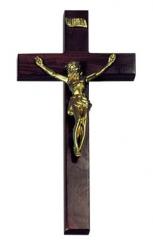  10\" Beveled Crucifix in Walnut Wood - Gold Sprayed Corpus 