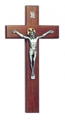  10\" Beveled Crucifix in Walnut Wood - Pewter Corpus 