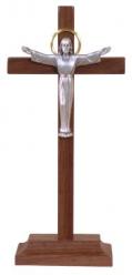  Standing Block 9\" Crucifix in Walnut Wood - Pewter Gold Halo Corpus 