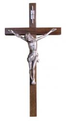  15\" Block Crucifix in Walnut Wood - Sprayed Silver Corpus 