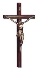  12\" Block Crucifix in Walnut Wood w/Brass Inlay - Sprayed Gold Corpus 