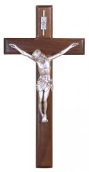  15\" Beveled Crucifix in Walnut Wood - Silver Sprayed Corpus 
