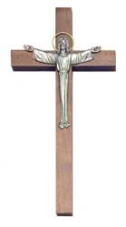  15\" Risen Christ Block Crucifix in Walnut Wood & Pewter - Gilded Halo 