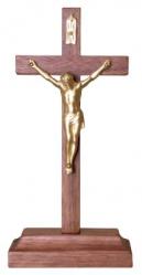  6\" Block Crucifix in Walnut Wood Without Base- Sprayed Gold Corpus 