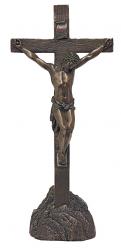  Standing Ornate Crucifix w/Rock Base Hand-Painted in Cold Cast Bronze, 13.25\" Ht 